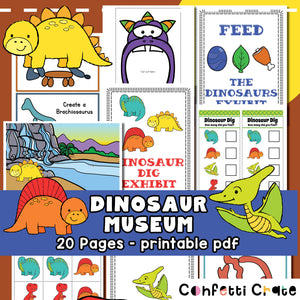 Dinosaur museum pretend play printables for kids. 