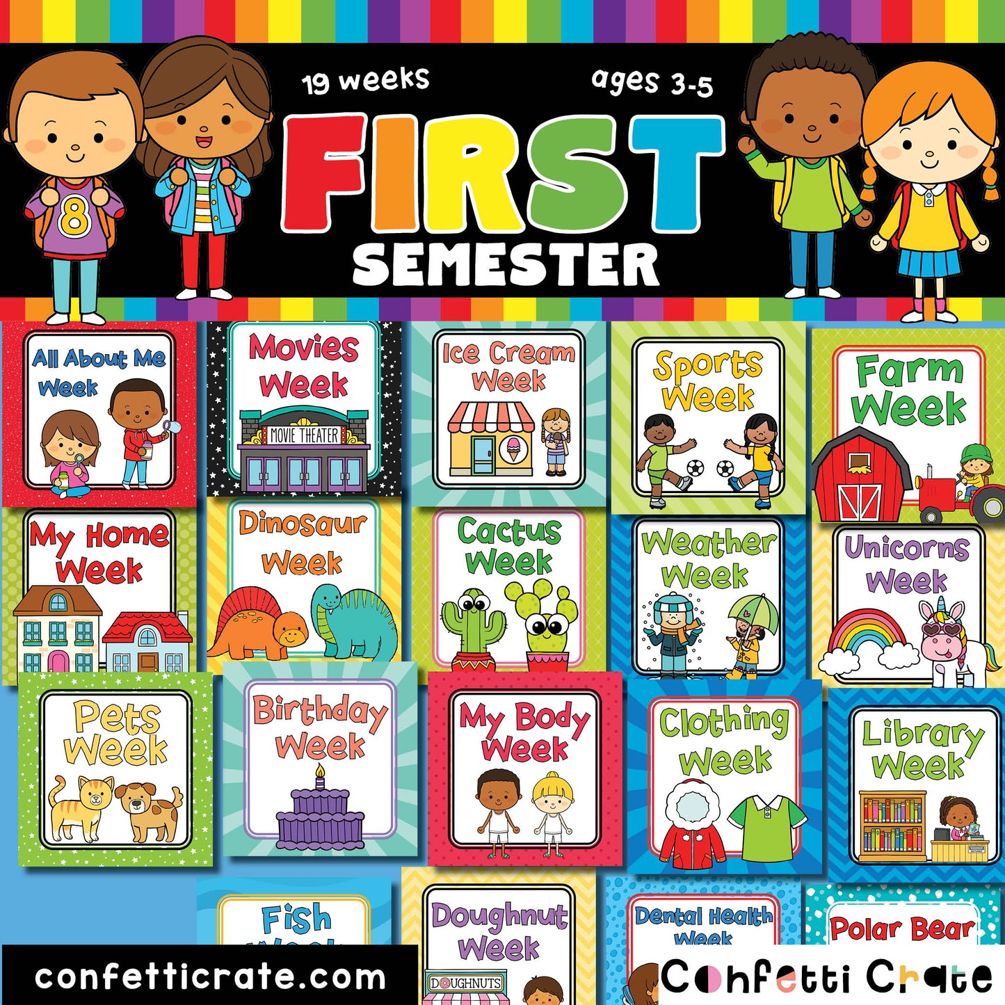 Printable preschool curriculum for homeschooling, child care centers, day care centers or micro schools. The curriculum works well for 3 year olds, 4 year olds and 5 year olds. Each of the 19 weeks has a new theme for the first semester. The curriculum contains the perfect balance of preschool worksheets and fun activities.