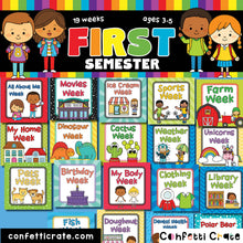 Load image into Gallery viewer, Printable preschool curriculum for homeschooling, child care centers, day care centers or micro schools. The curriculum works well for 3 year olds, 4 year olds and 5 year olds. Each of the 19 weeks has a new theme for the first semester. The curriculum contains the perfect balance of preschool worksheets and fun activities.

