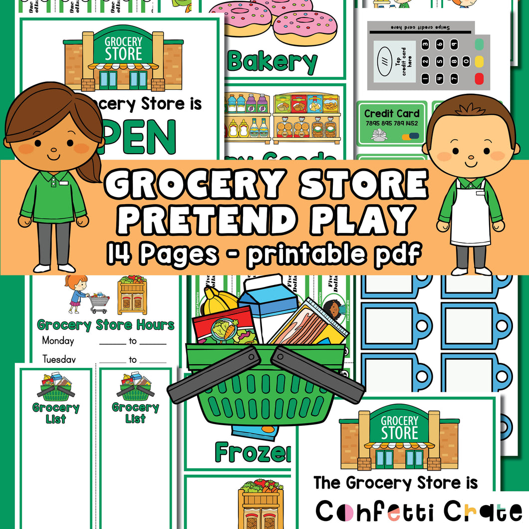 Grocery store pretend play printables for kids.