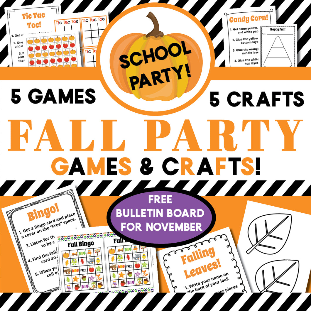 This pack has 5 crafts and 5 games for fall parties for classrooms from Kindergarten to 5th grade! You can use this pack as a parent volunteer or a classroom teacher to create a party with stations to rotate around.  BONUS: There is a FREE November bulletin board idea that uses one of the crafts from the pack!