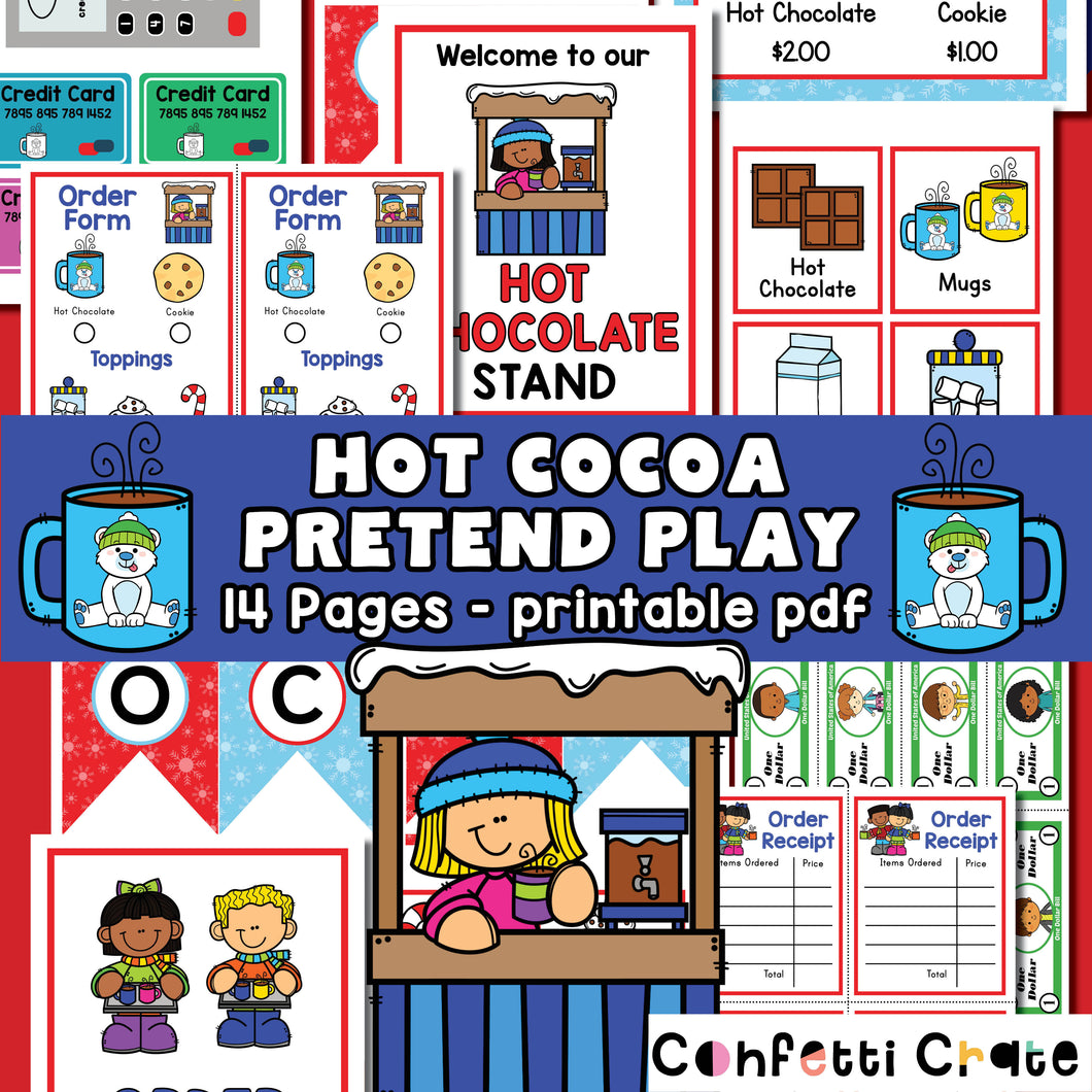 Hot chocolate pretend play printables for the perfect hot cocoa stand.