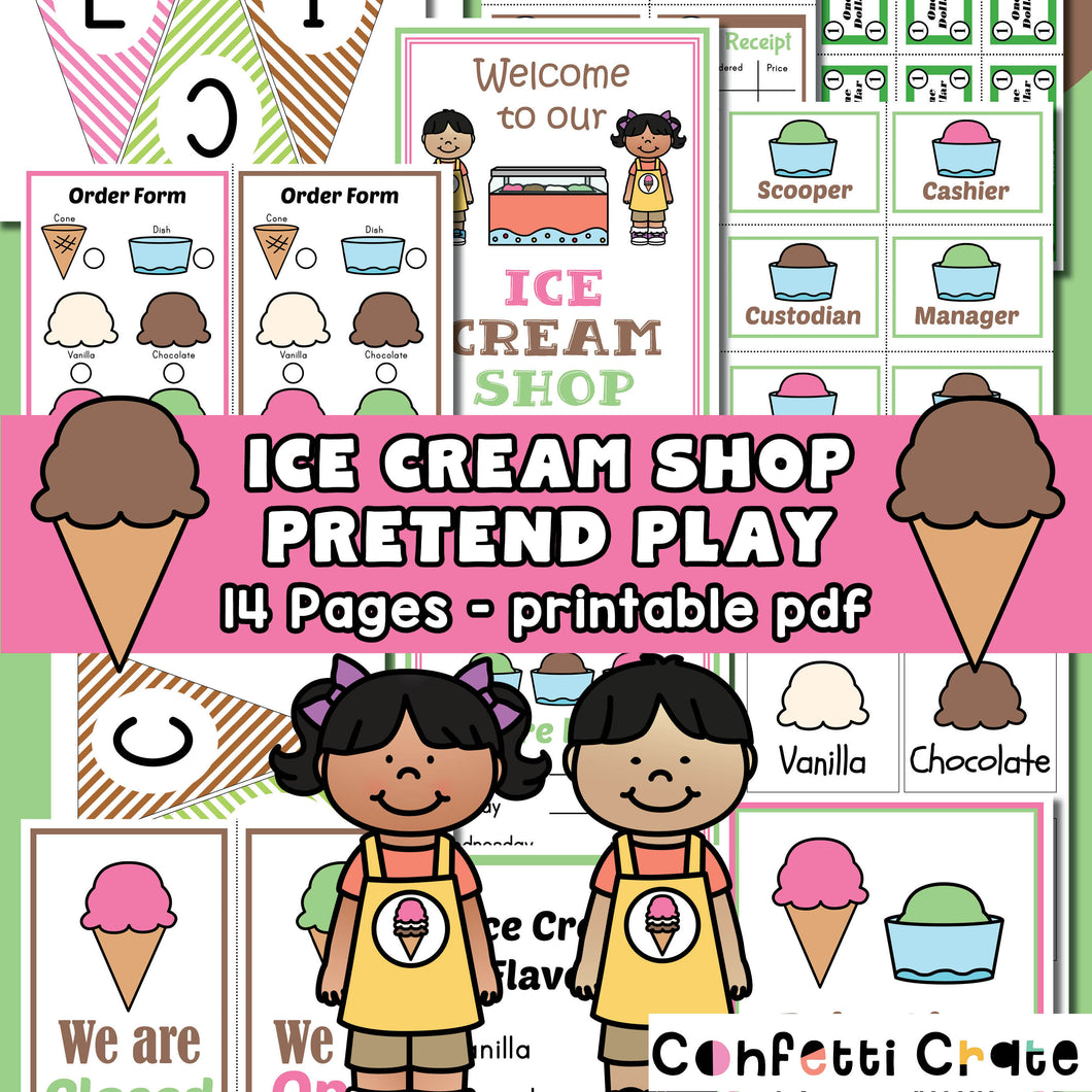 Ice cream shop pretend printables for kids. The perfect screen free activity for kids!