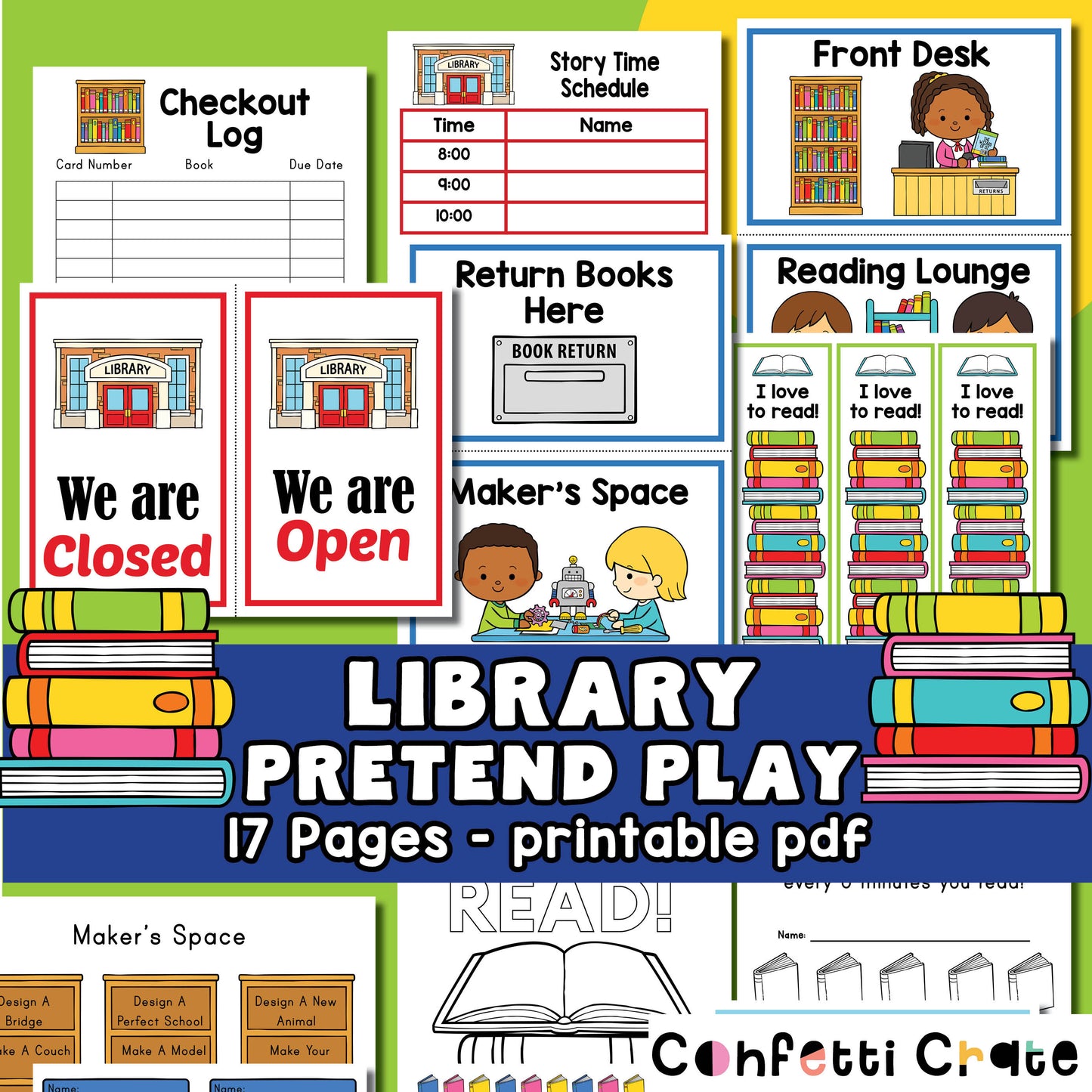 Library pretend play printables for kids.