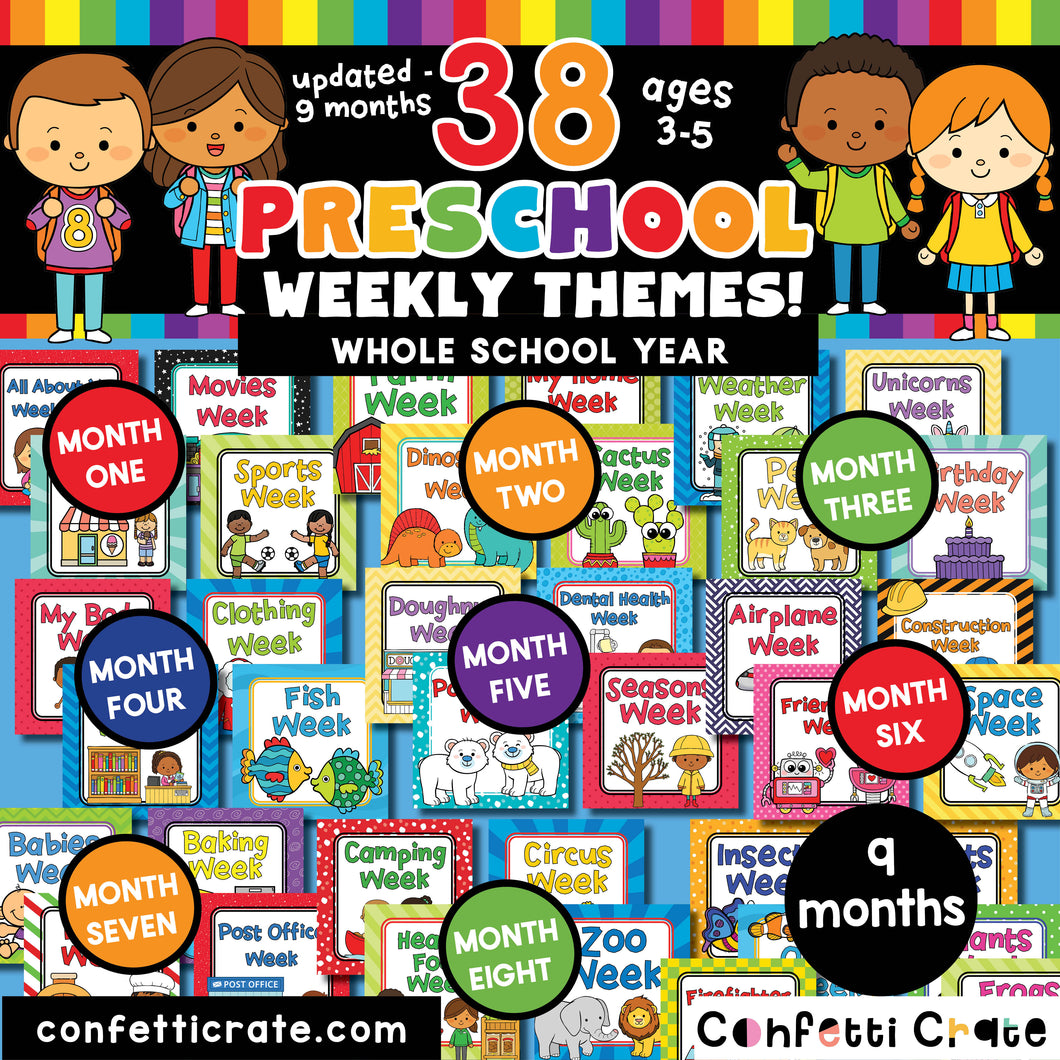 Preschool curriculum for homeschooling, child care centers, day care centers or micro schools. The curriculum works well for 3 year olds, 4 year olds and 5 year olds. Each of the 38 weeks has a new theme for a total of 9 months.