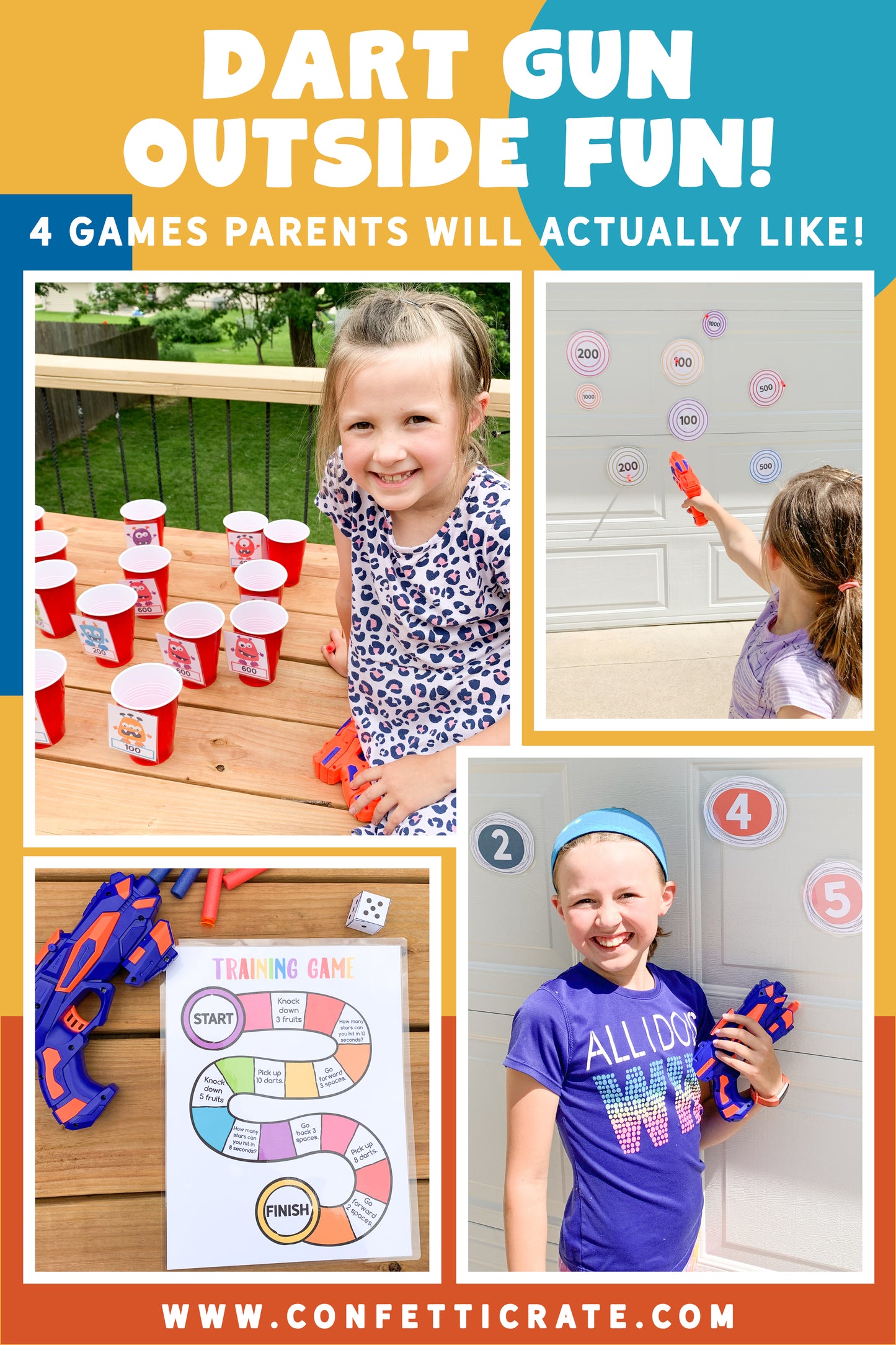 Dart gun printable games that both kids and parents will like. These games can be outside games for kids. They can also be inside games for kids for a rainy day. www.confetticrate.com