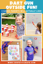 Load image into Gallery viewer, Dart gun printable games that both kids and parents will like. These games can be outside games for kids. They can also be inside games for kids for a rainy day. www.confetticrate.com
