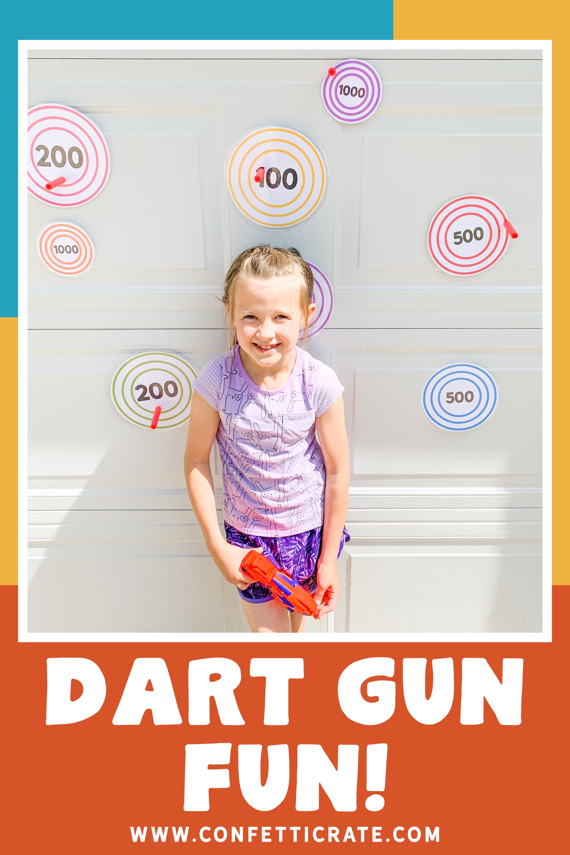 Dart gun printable games that both kids and parents will like. These games can be outside games for kids. They can also be inside games for kids for a rainy day. www.confetticrate.com