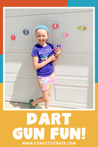 Dart gun printable games that both kids and parents will like. These games can be outside games for kids. They can also be inside games for kids for a rainy day. www.confetticrate.com