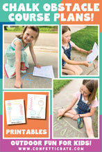 Load image into Gallery viewer, Chalk obstacle course printable plans. Comes with 6 fun plans. Your kids will love drawing these obstacle courses on your driveway or sidewalk with chalk. It is the perfect outside activity for kids because they can be creative and active. www.confetticrate.com
