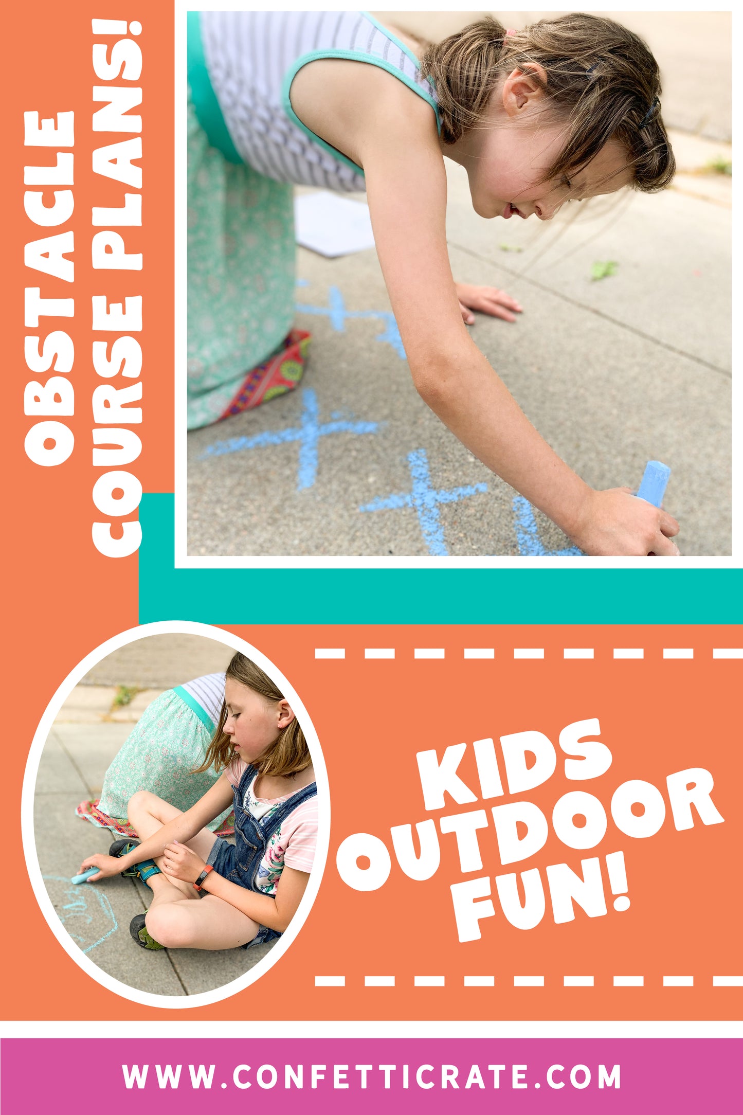 Chalk obstacle course printable plans. Comes with 6 fun plans. Your kids will love drawing these obstacle courses on your driveway or sidewalk with chalk. It is the perfect outside activity for kids because they can be creative and active. www.confetticrate.com