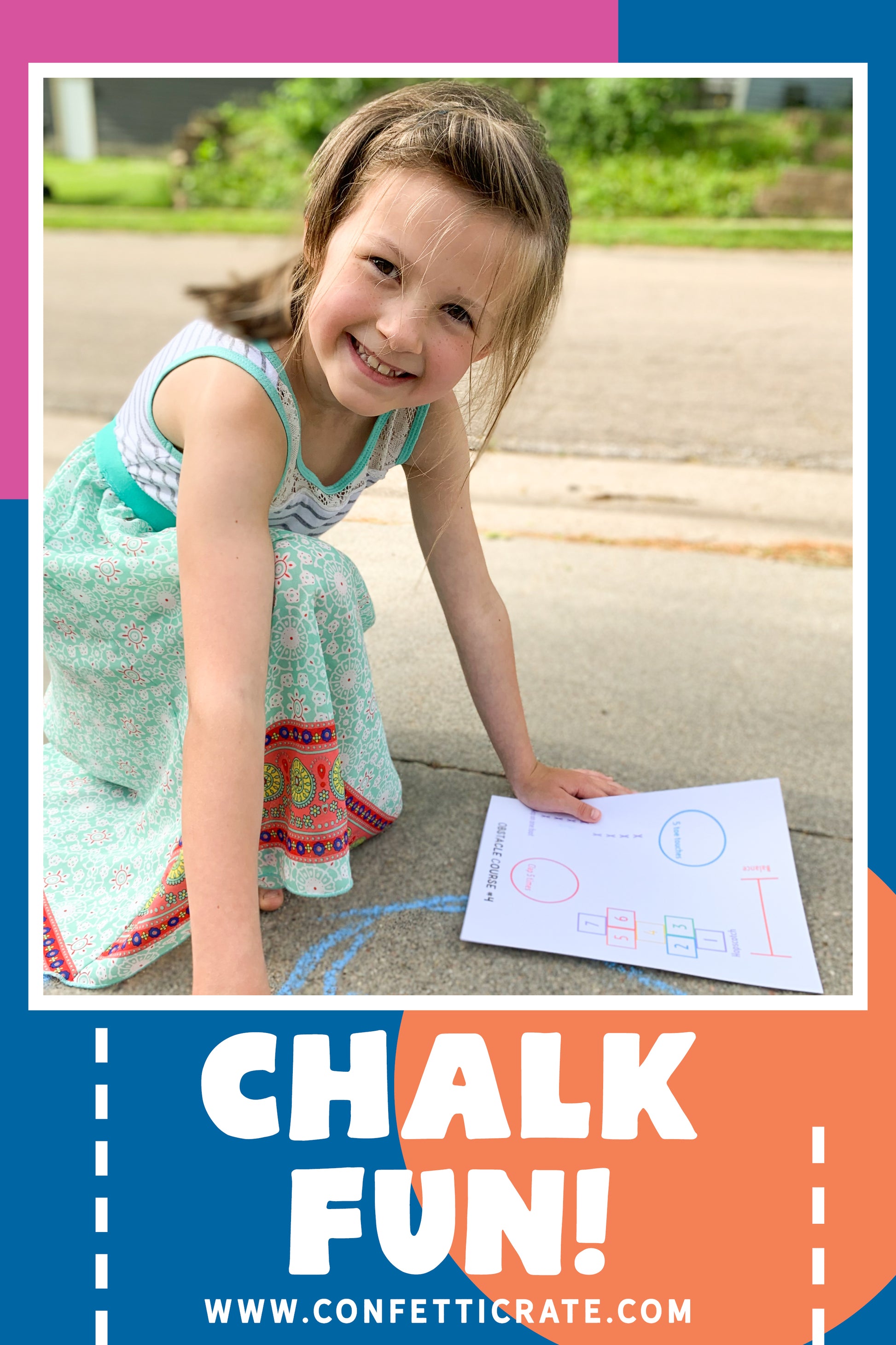 Chalk obstacle course printable plans. Comes with 6 fun plans. Your kids will love drawing these obstacle courses on your driveway or sidewalk with chalk. It is the perfect outside activity for kids because they can be creative and active. www.confetticrate.com