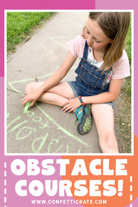 Chalk obstacle course printable plans. Comes with 6 fun plans. Your kids will love drawing these obstacle courses on your driveway or sidewalk with chalk. It is the perfect outside activity for kids because they can be creative and active. www.confetticrate.com