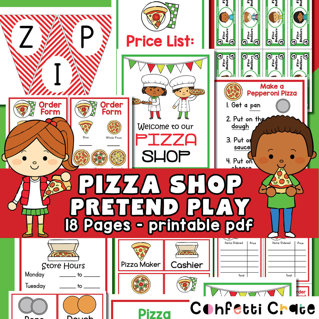 Pizza shop pretend play printables for kids. 
