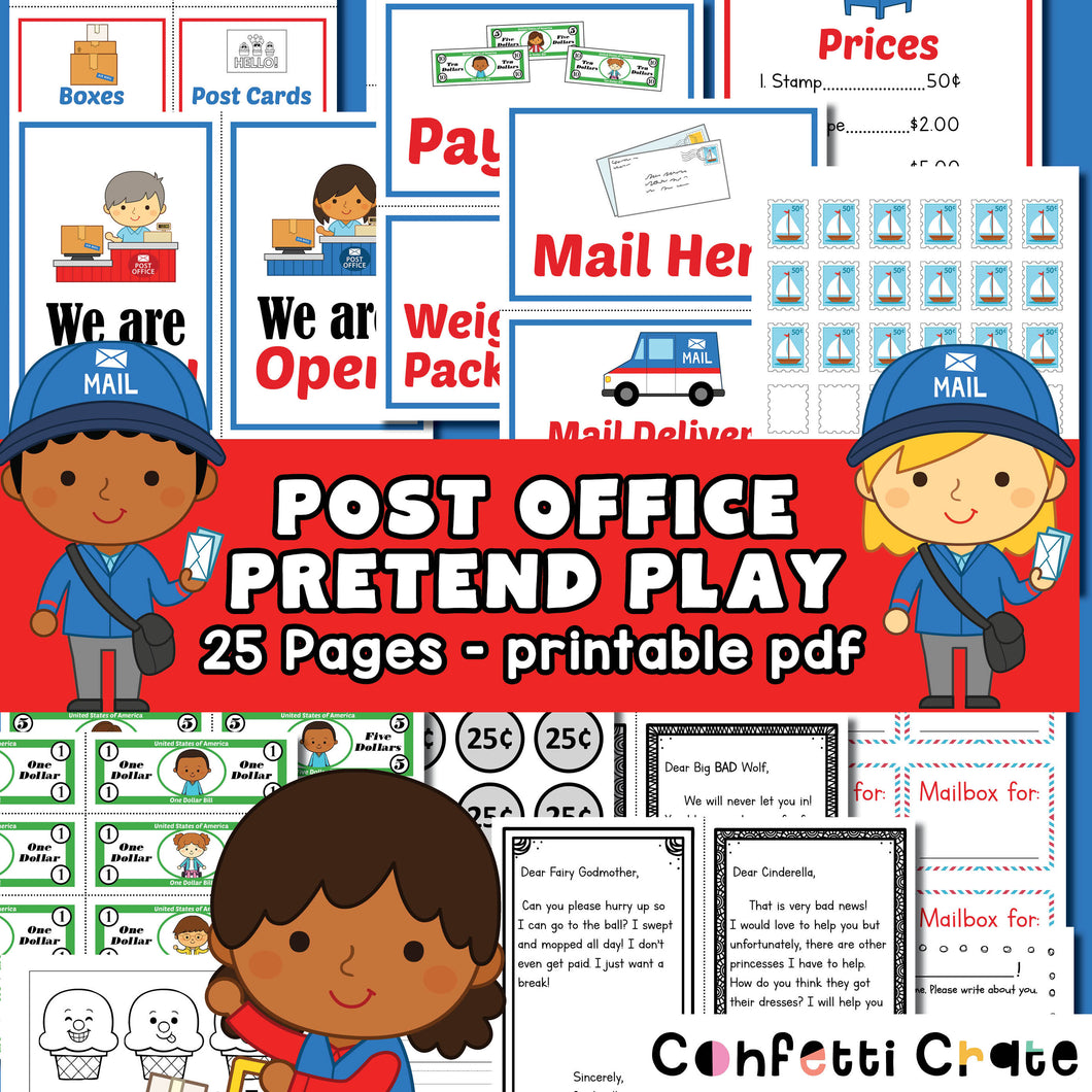 Post office pretend play printables for kids.