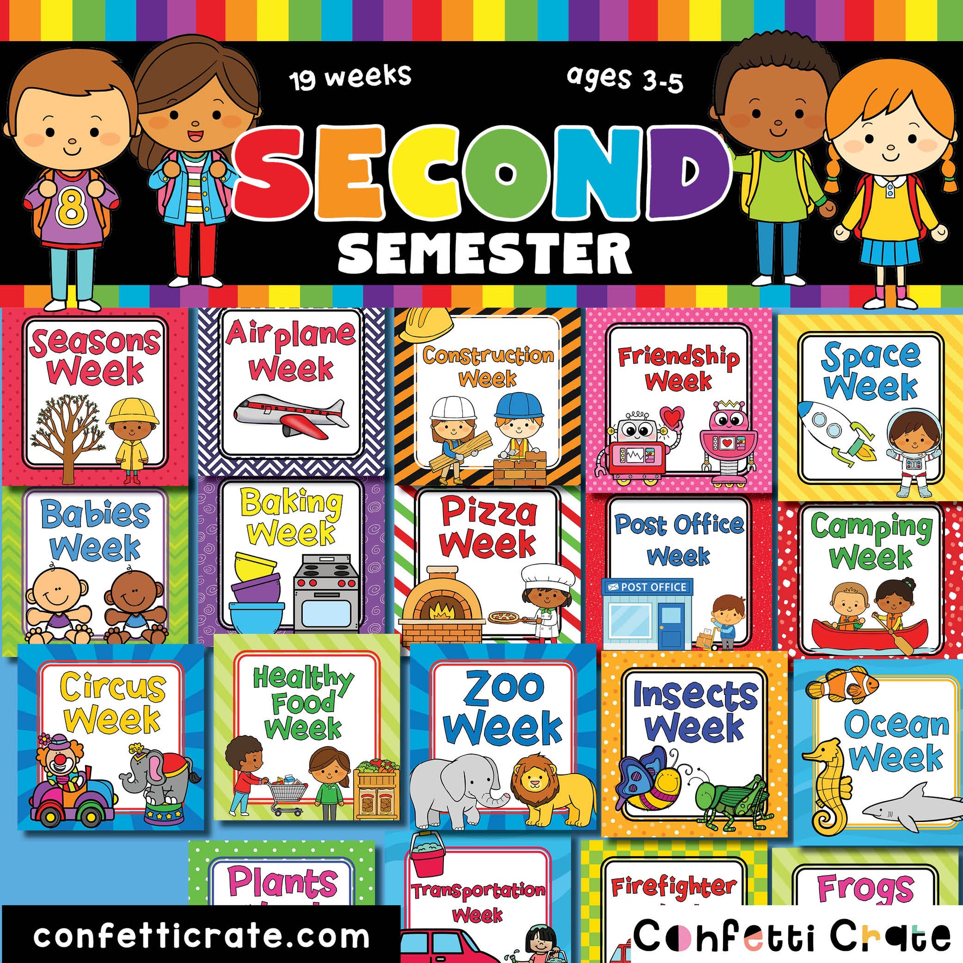 Printable preschool curriculum for homeschooling, child care centers, day care centers or micro schools. The curriculum works well for 3 year olds, 4 year olds and 5 year olds. Each of the 19 weeks has a new theme for the second semester. The curriculum contains the perfect balance of preschool worksheets and fun activities. It is soo easy for teachers and parents to use and your kids will have so much fun learning.