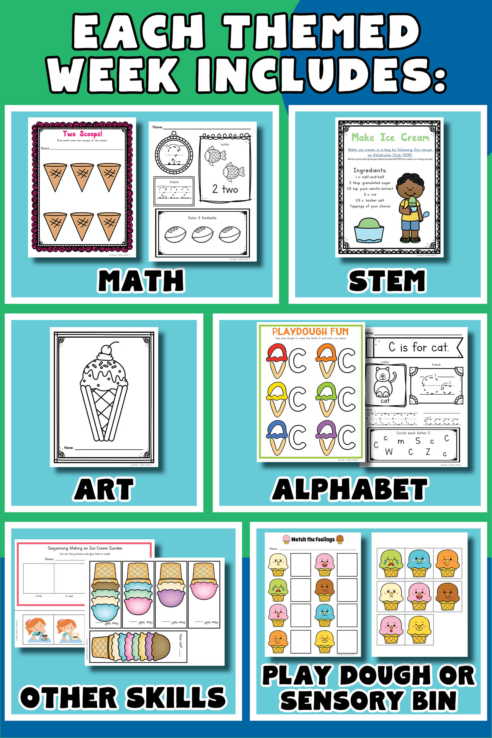 Printable preschool curriculum for homeschooling, child care centers, day care centers or micro schools. The curriculum works well for 3 year olds, 4 year olds and 5 year olds. Each of the 19 weeks has a new theme for the first semester. The curriculum contains the perfect balance of preschool worksheets and fun activities.