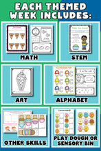 Load image into Gallery viewer, Printable preschool curriculum for homeschooling, child care centers, day care centers or micro schools. The curriculum works well for 3 year olds, 4 year olds and 5 year olds. Each of the 19 weeks has a new theme for the first semester. The curriculum contains the perfect balance of preschool worksheets and fun activities.
