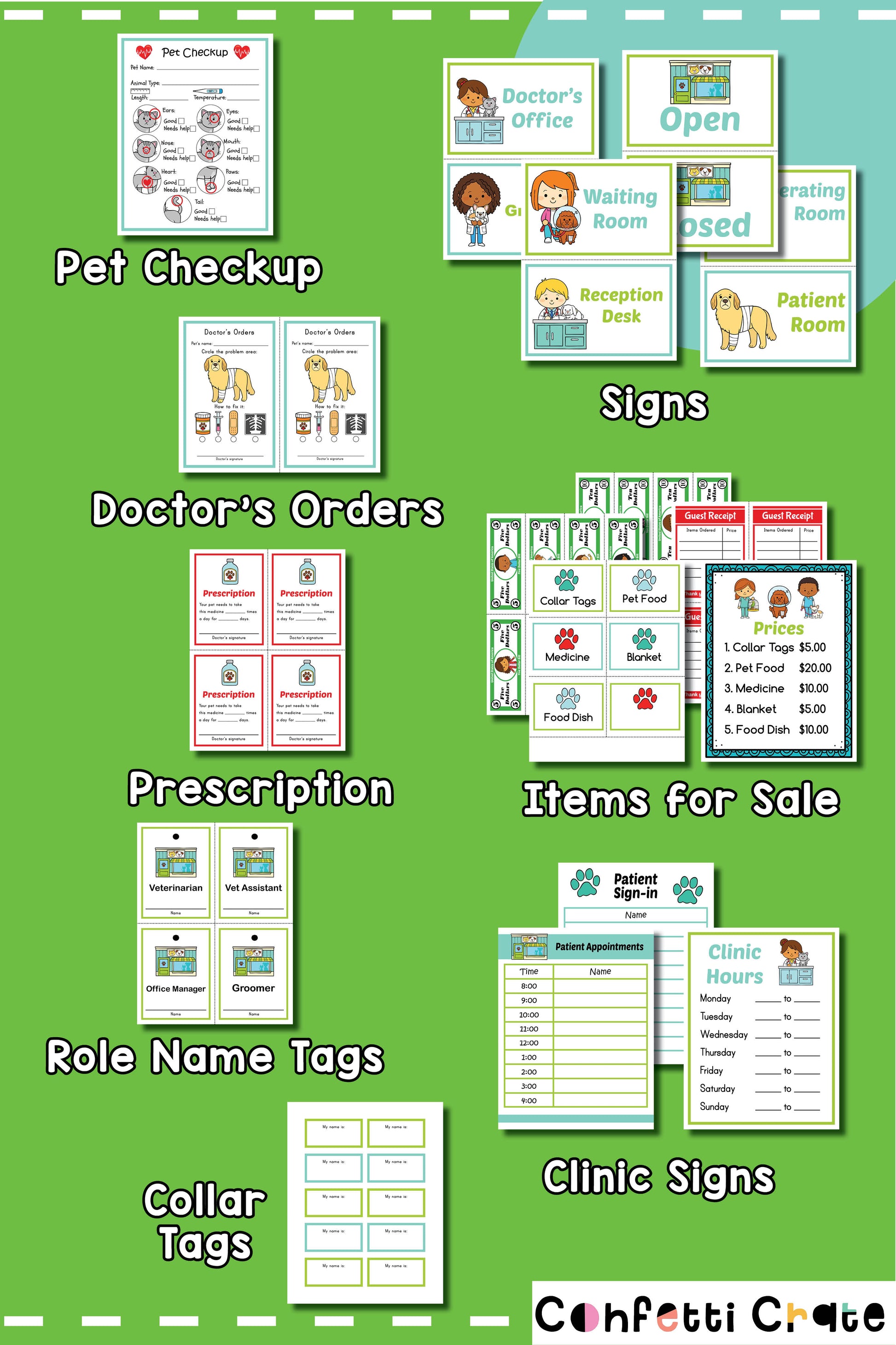 Vet clinic pretend play printables for kids.