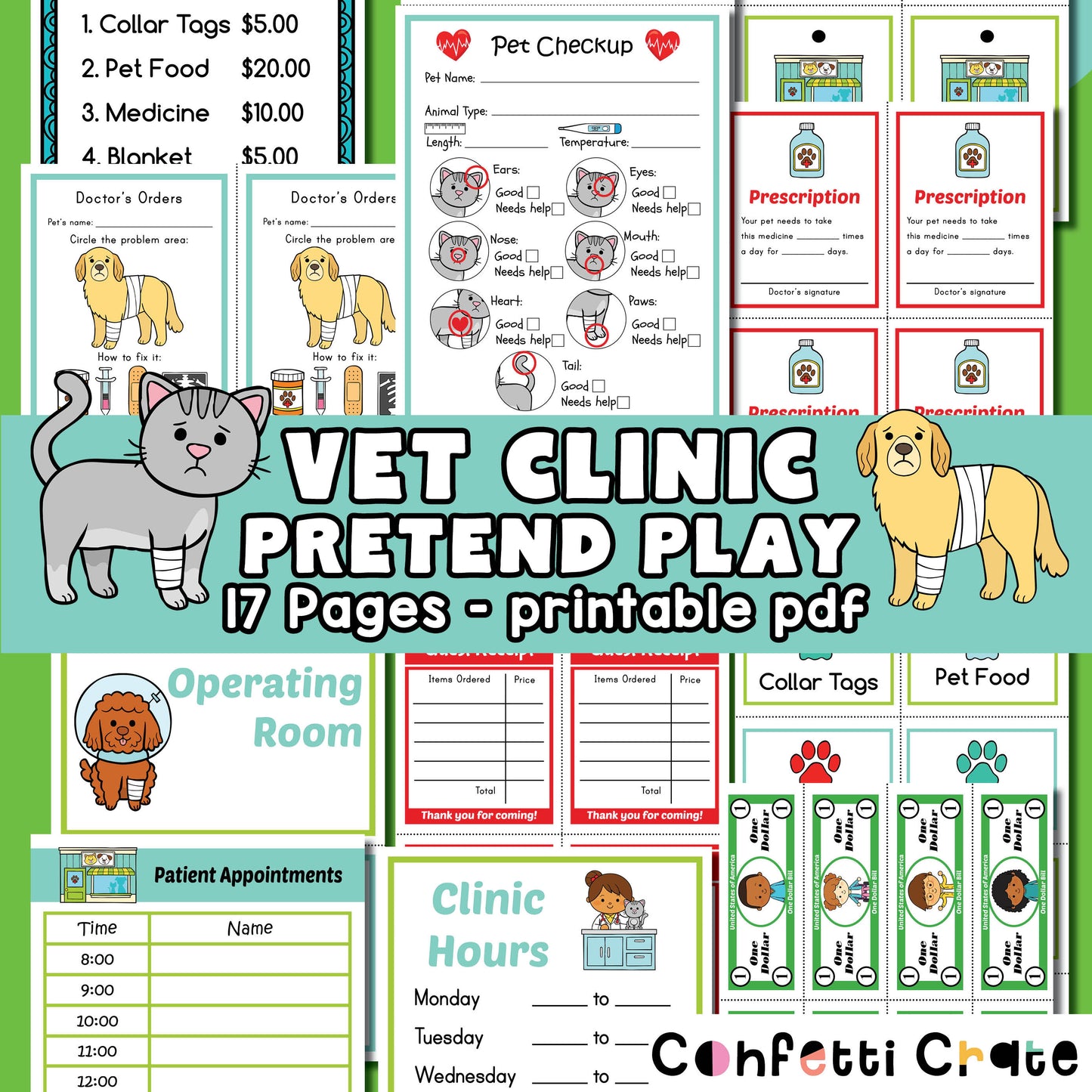 Vet clinic pretend play printables for kids.