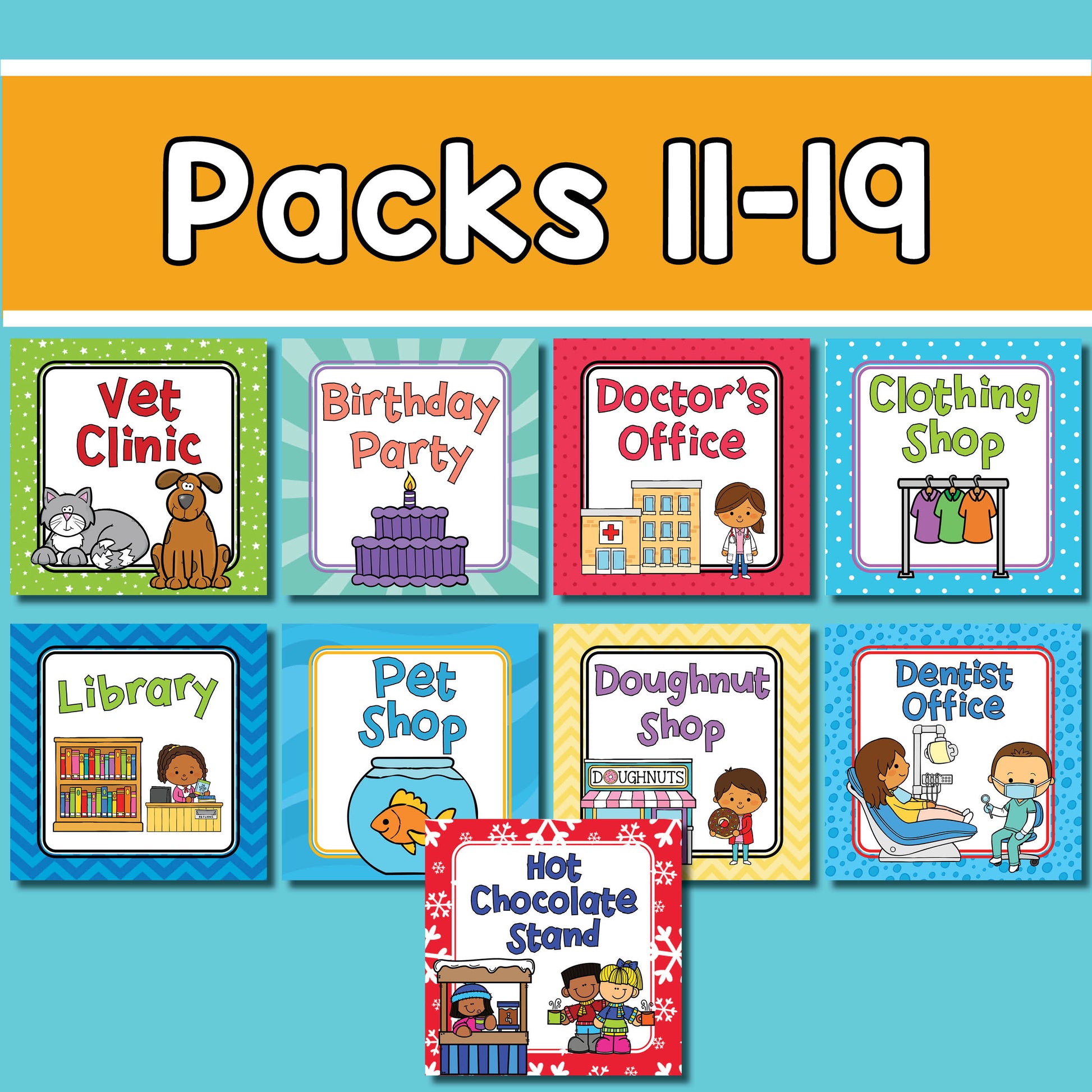 Pretend play printables bundle includes the printable files for 19 pretend play packs.