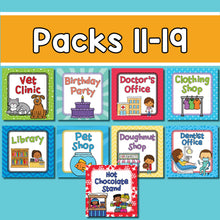 Load image into Gallery viewer, Pretend play printables bundle includes the printable files for 19 pretend play packs.
