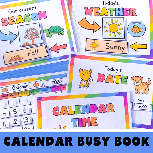 Calendar time printable busy book! This includes 11 printable pages in a pdf file.  Includes an activity for: 1. Calendar 2. Today's date 3. Current season 4. Today's weather www.confetticrate.com